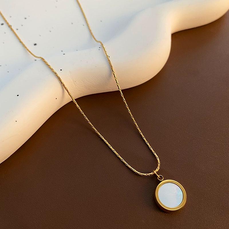 18K Gold Titanium Steel Necklace with White Mother-of-Pearl Pendant - Trendy, Minimalist French Design