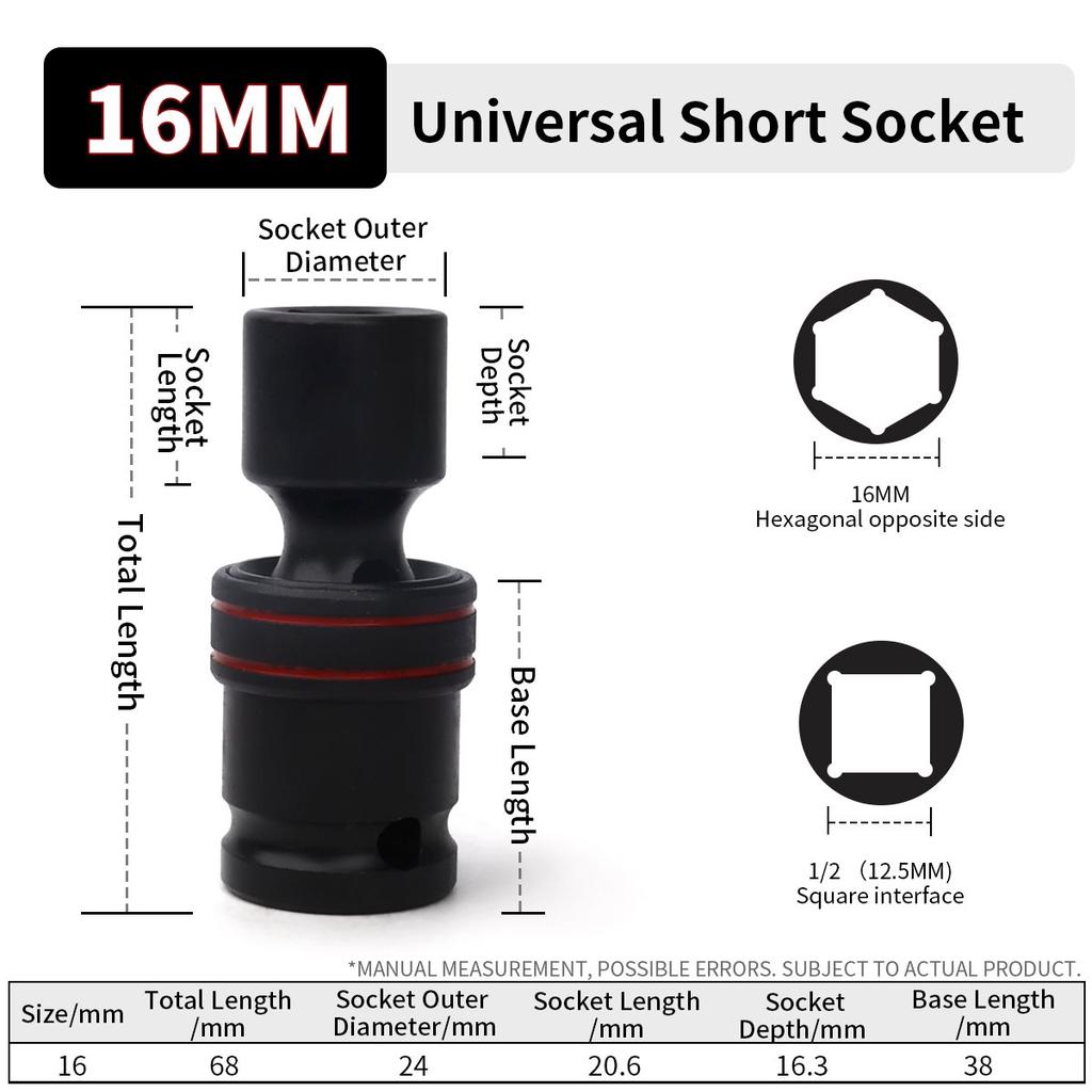 1/2inch Drive 10-24mm Universal Joint Hex Short Socket Electric Wrench Adapter 360°Swivel Impact Socket For Pneumatic Wrench
