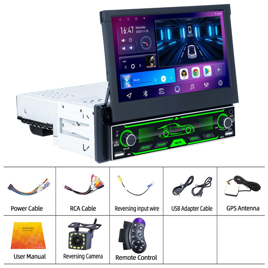 7 Zoll HD Wireless Android Auto CarPlay 1Din Video Multimedia Android MP5 Player Versenkbarer Bildschirm Spiegel Link Auto BT/FM/USB/AUX