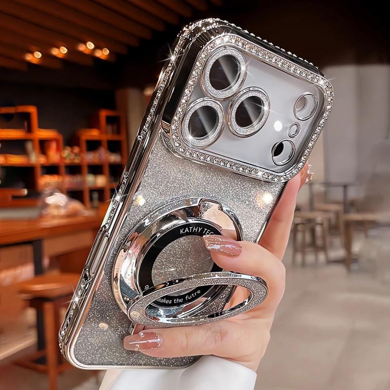 Plating For  Magnetic Stand Holder Rhinestones Case For For Iphone 17 Pro Max 16 11 12 13 14 1 Plus Diamond Bumper Cover