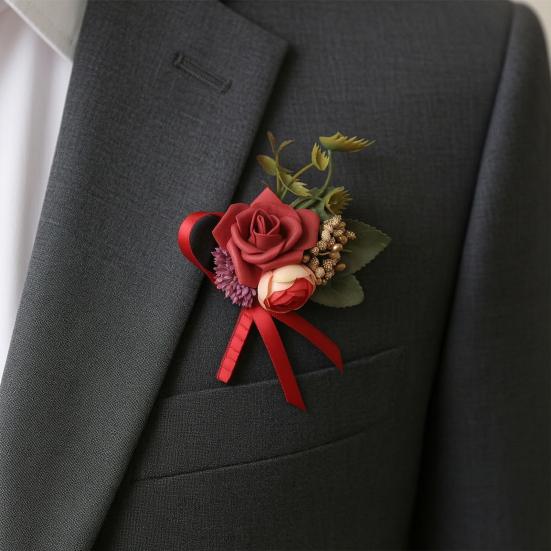 Lapela de Terno Masculino Flor Artificial Pulseira de Pulso Reutilizável Pulseira Floral Alta Simulação Versátil Celebração de Negócios Lapela