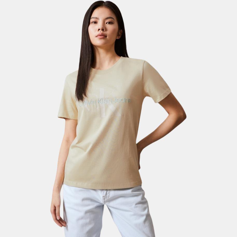 Calvin Klein Letter Embroidered Cotton Breathable Round Neck Pullover Short Sleeve T-Shirt Women Tops Mung-Bean-Yellow J218885_2