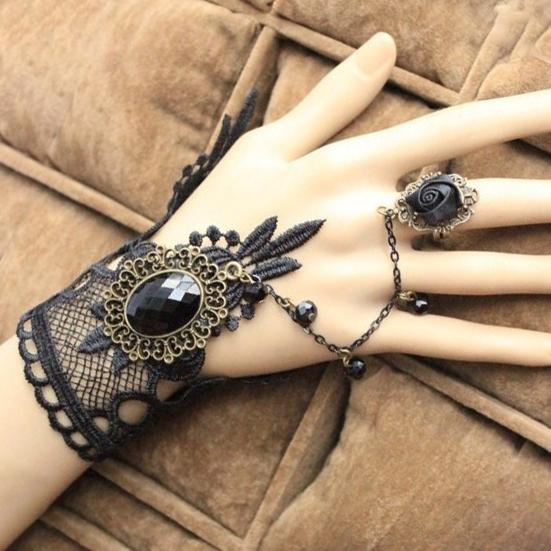 Lace Flower Faux Gem Necklace Bracelet Earrings Wide Gothic Punk Style Choker Necklace Bracelet Jewelry Accessory
