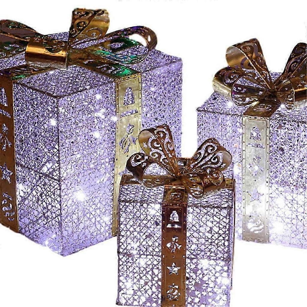 Christmas Decoration Gift Box Three-Piece Set Pile Ornaments Iron Gift Box Luminous Christma Suppli