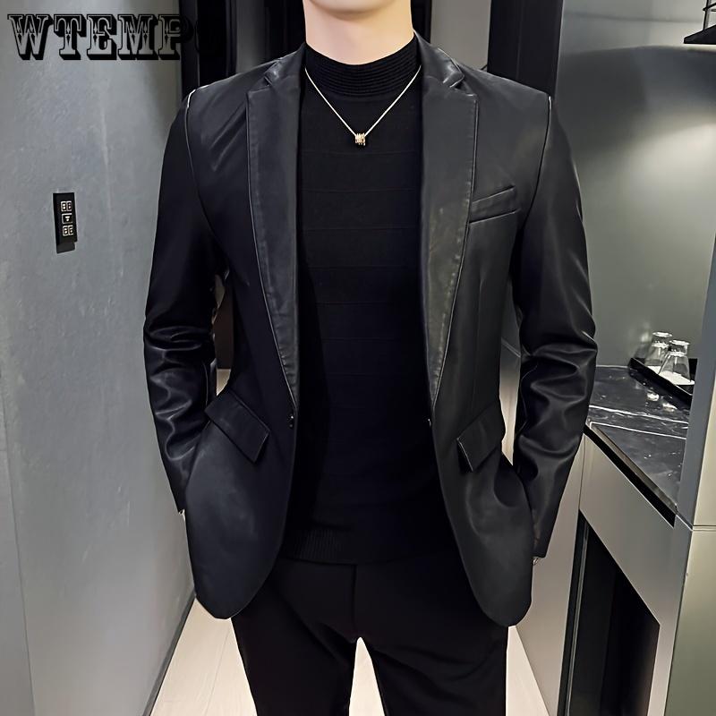 Men's Solid PU Leather Jacket with Pockets, One Button Slim-fit Lapel Outwear - for Business, Parties & Formal Occasions - for Men - PU Leather