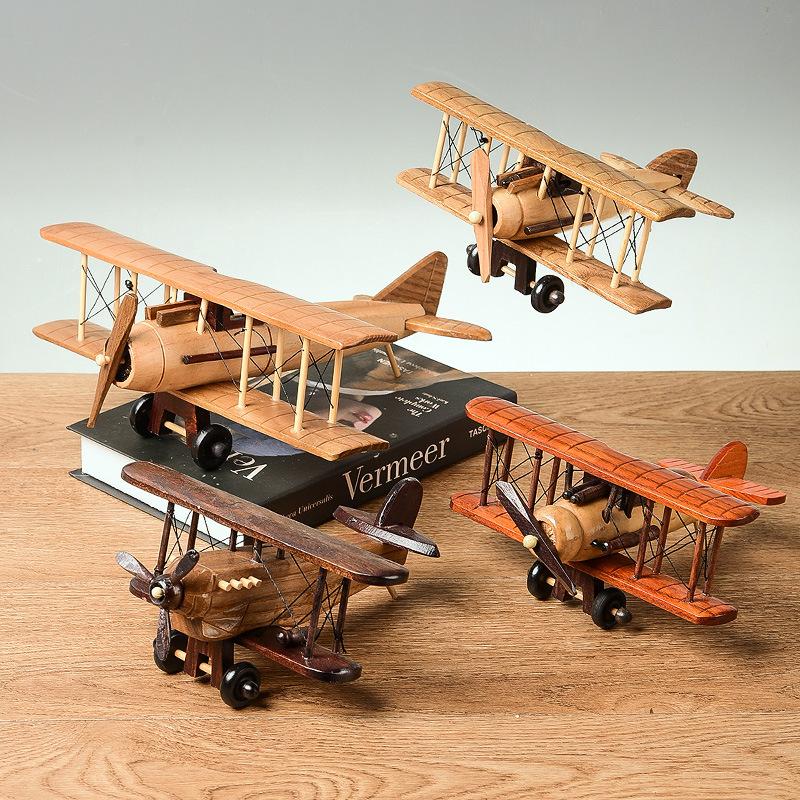Wood Airplane Figurine Retro 3D Biplane Sculpt Creative Airplane Model Crafts Desktop Ornament Gift Home Decorations Accessories
