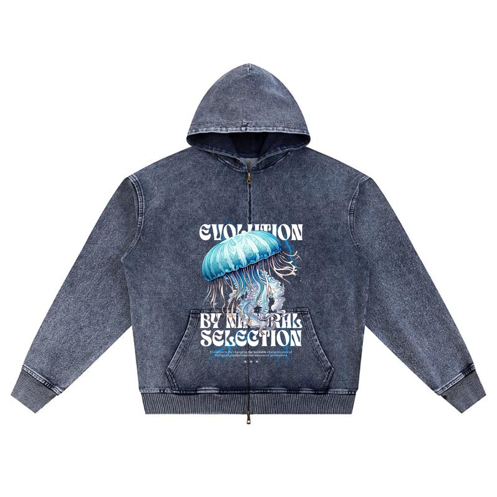 

DTG print Knitted Denim Zip-Up Hoodie Evolution Brother Print Zipper Hoodies XL