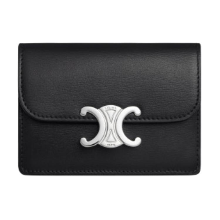Celine Triomphe Logo Snap Closure Leather Card Holder Women Accessories Black 10I583DPV-38SI