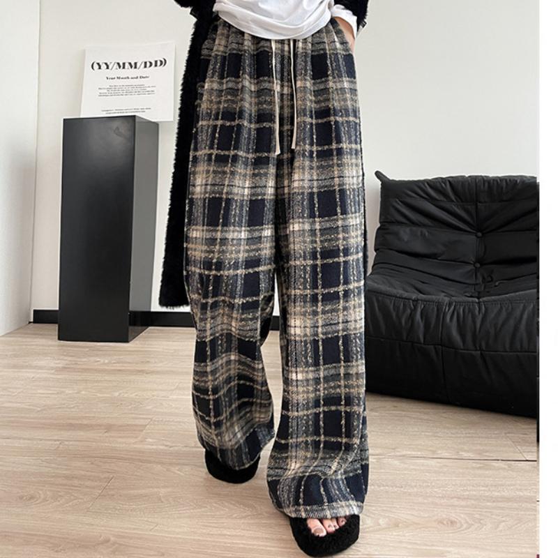 Woolen Floor Pants for Women's Autumn and Winter New Arrival Style Plush Pants for For Women Thick Straight Pants Casual Plaid Wide-leg Pants