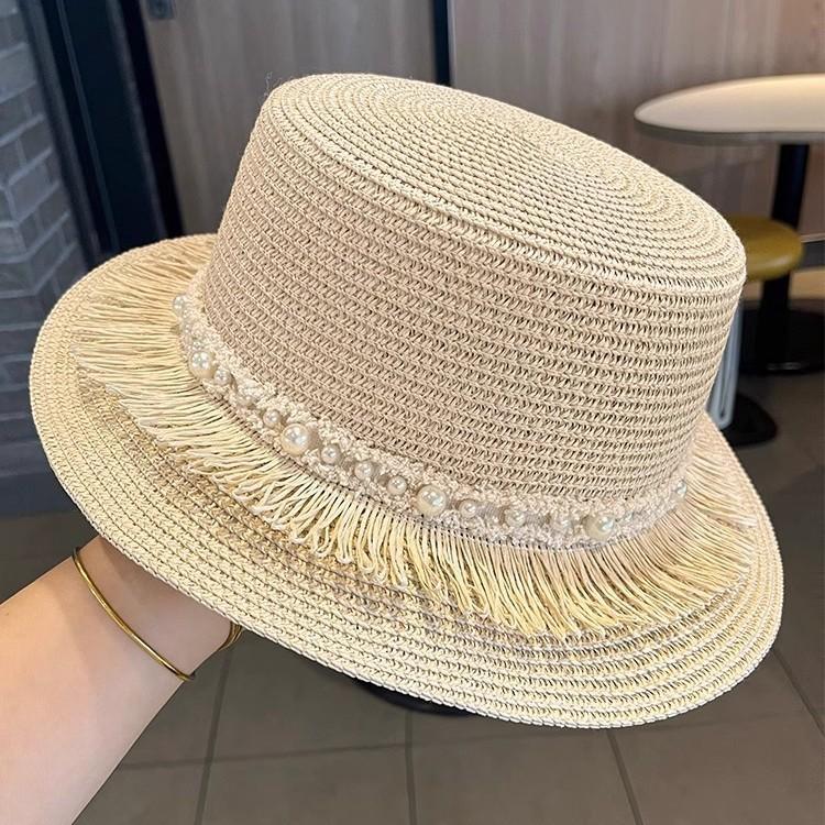 Spring and summer women's new outdoor sun hat big brim pearl flat top straw hat beach vacation sun protection straw hat