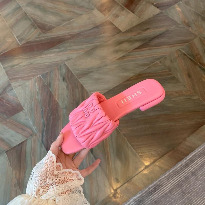 

Shoes A MIU home pleated square head one-word slippers flat heel sandals women s outer wear 34