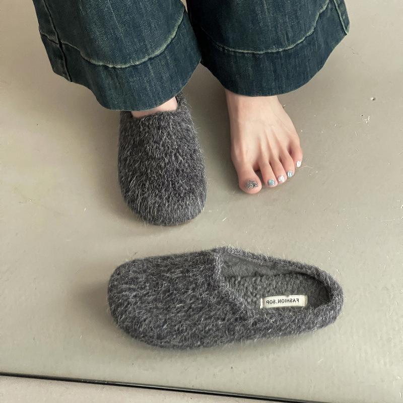 Retro style simple high-end casual fluffy slippers women's autumn and winter suede outer wear home thick-soled bag head slippers