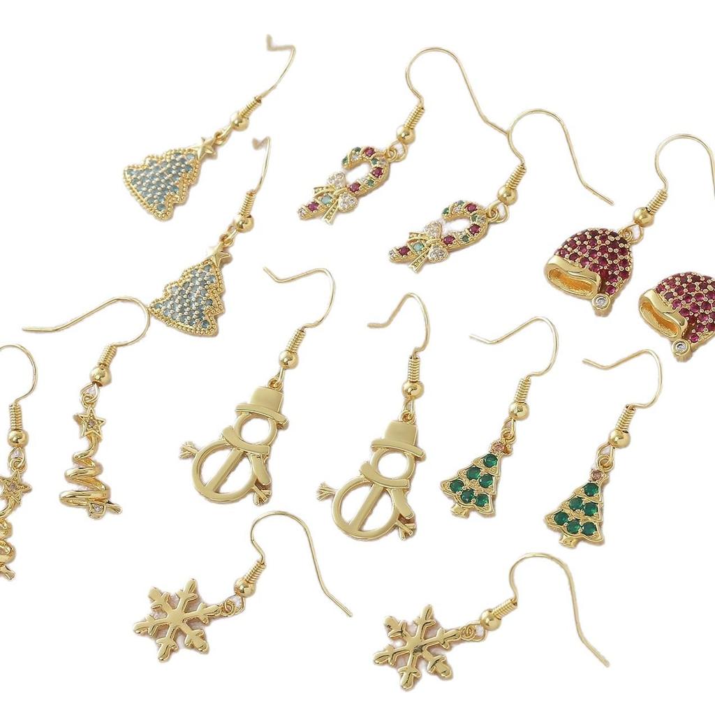 Weihnachts-Ohrringe, 18K Gold-Plattiert: Schneemann, Schneeflocke, Baum & Hut Ohrstecker