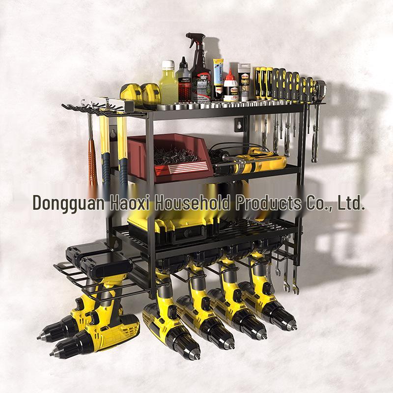 Wall-Mounted Multi-Layer Power Tool Storage Rack for Drills and Hammers