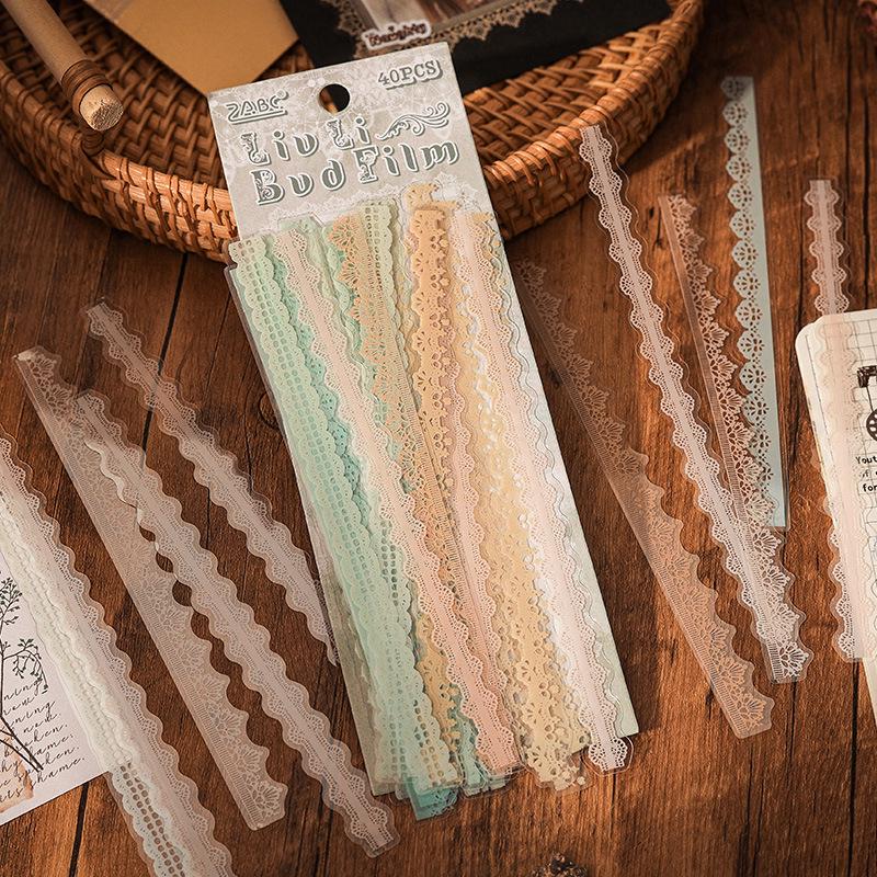 ZABC PET Stickers: Bud Dream Yarn Series - Retro Lace Diary Decor, 40 Sheets, 6 Designs