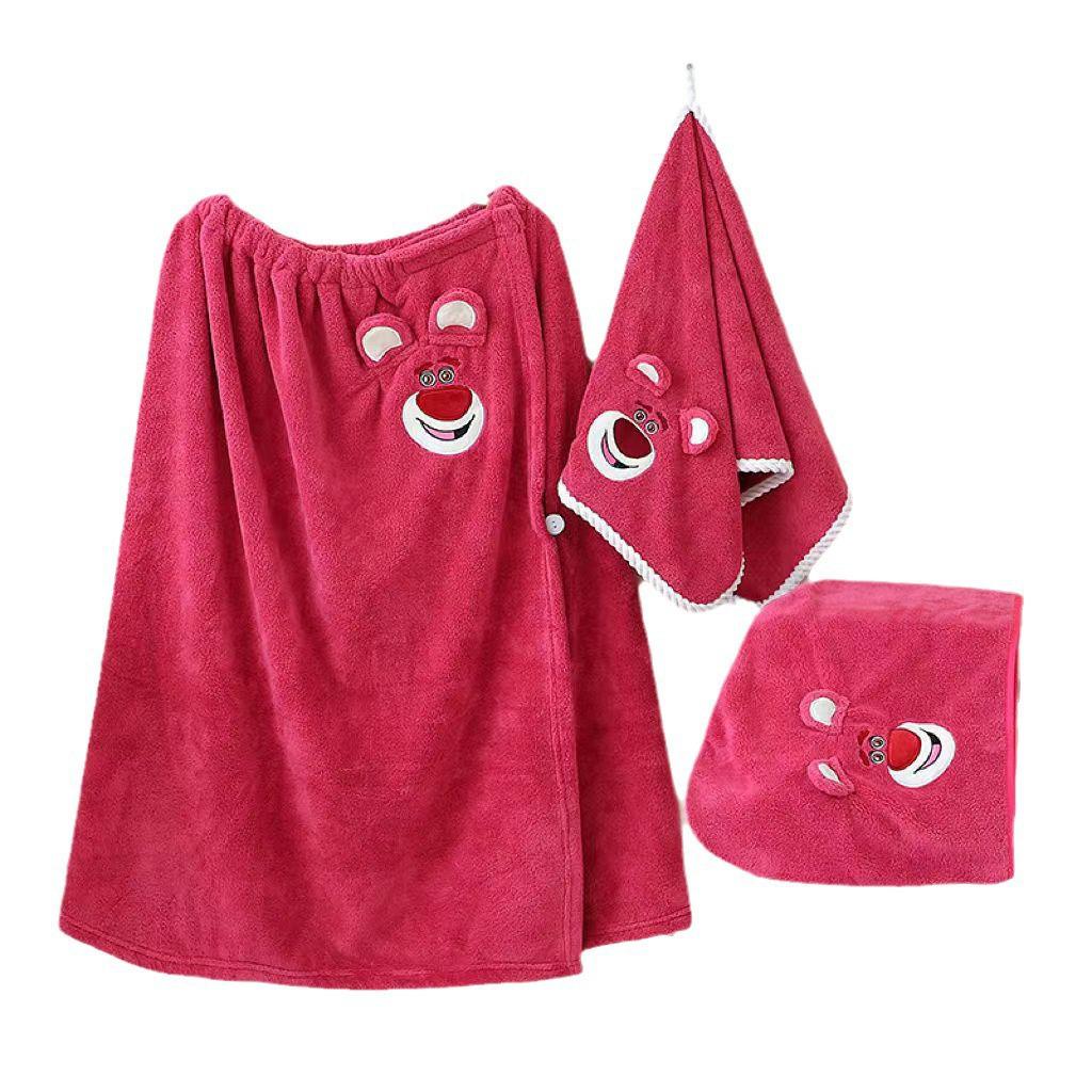 Strawberry Bear Coral Fleece Towel Set: Bath Towel, Bathrobe & Hair Drying Cap - Soft & Absorbent for Women