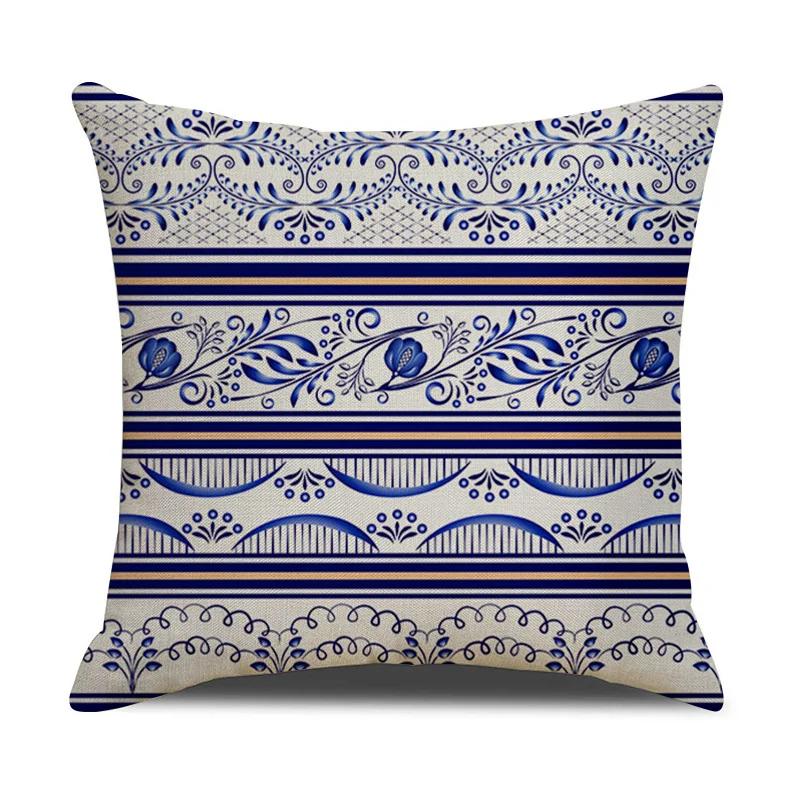 Chinese retro style blue and white ceramic printed fabric linen cotton throw pillow wrapped sofa home decoration pillow