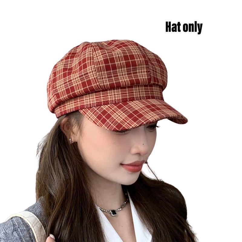 Vintage karierter achteckiger Hut für Damen Herbstmode Trendiges Barett Vielseitige lässige Schirmmütze