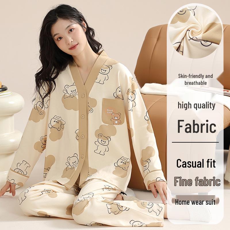 Autumn V-Neck Women's Pajamas Set: Cute Long-Sleeve, Plus-Size Homewear for Spring/Autumn.