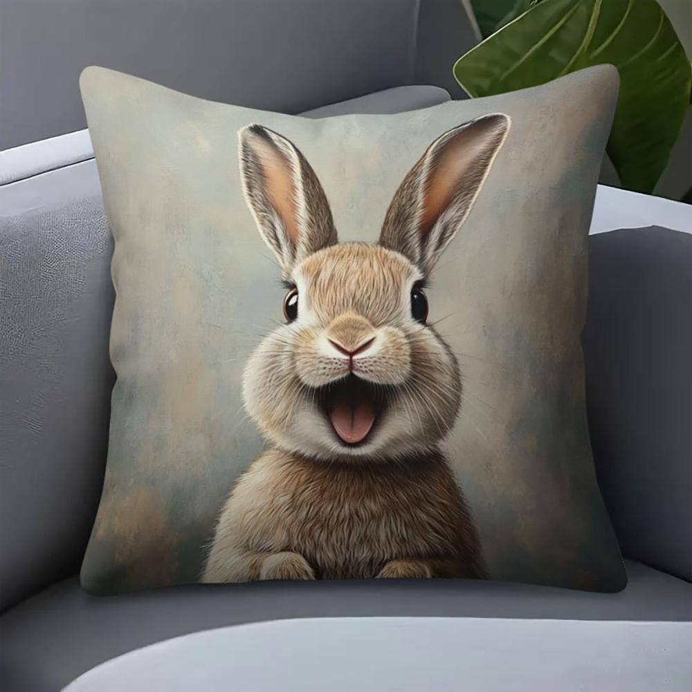 Easter Happy Smiling Bunny Pillow Cover Realistic 2D Print Soft Cozy For Sofa Bed Living Room Spring Decor Cute Rabbit Gifts