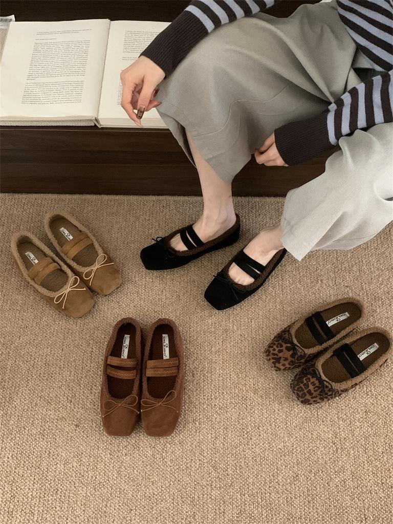2025 autumn and winter new flat-bottomed bow velvet Mary Jane shoes women's warm ballet shoes lamb wool single shoes