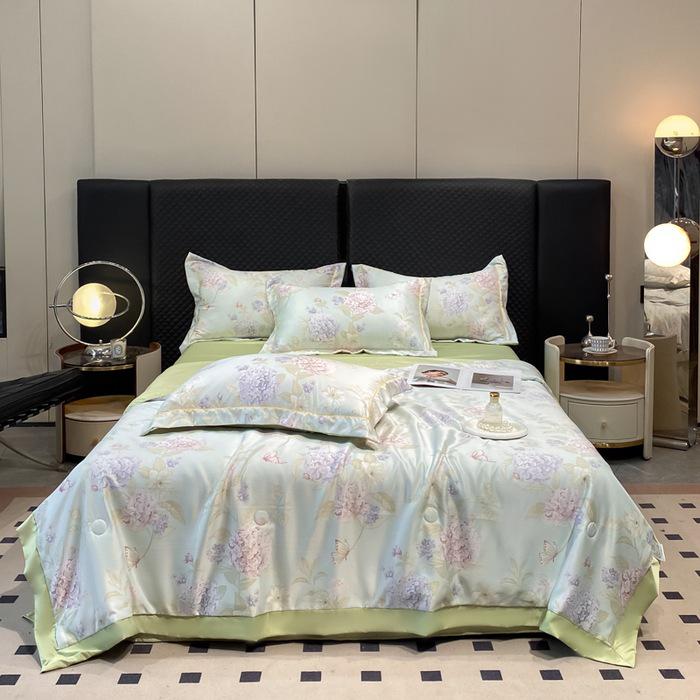 Printed Tencel Summer Quilt 4-Piece Set - Cooling Ice Silk for Naked Sleep, Smooth Gift Quilt