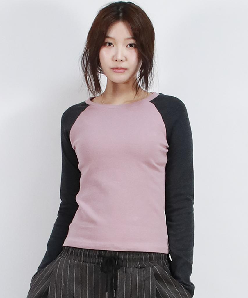 Deumakeu Vintage Solid Raglan Long-Sleeved T-Shirt Pink&Charcoal
