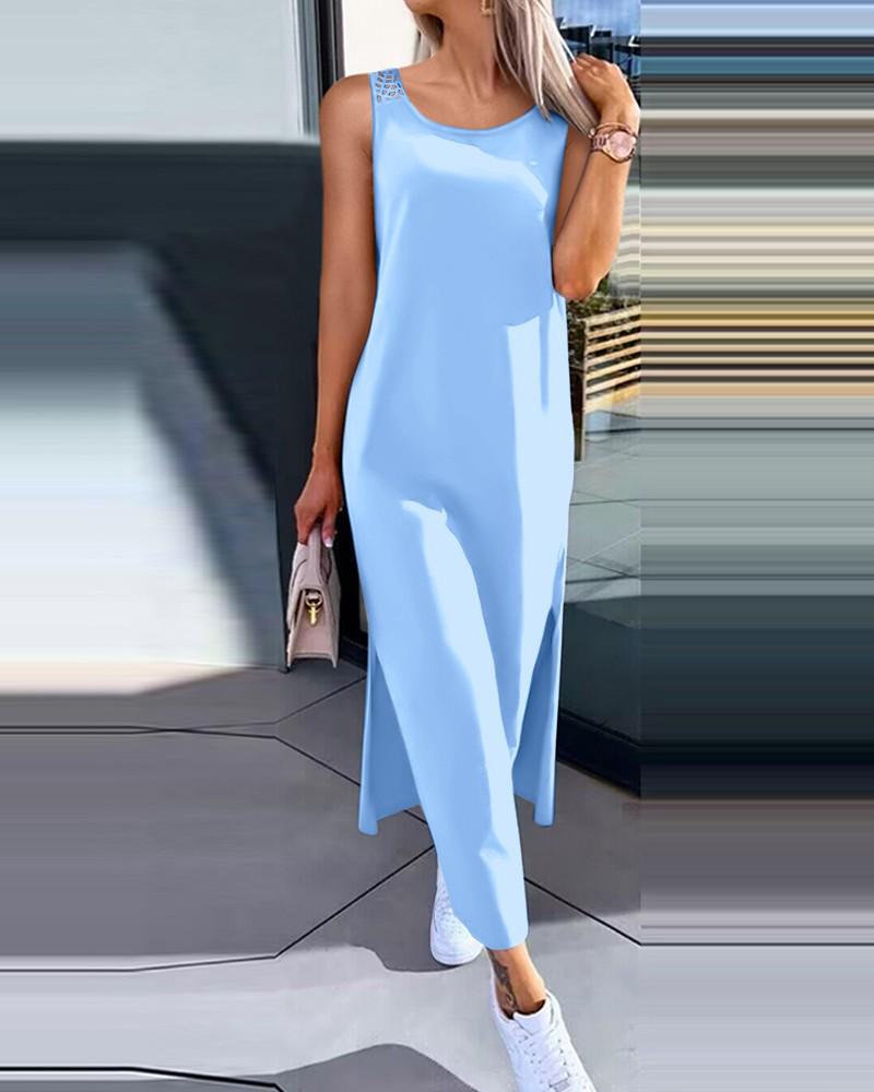 

Новое летнее однотонное платье без рукавов с кружевной спиной для женщин 2024 Extra Large синий