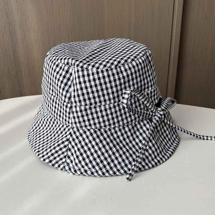 New ins small plaid bucket hat women's spring summer thin versatile bow basin hat breathable sunshade sunscreen hat