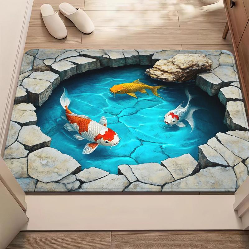 VIKAMA 3D Goldfish Pond Entry Floor Mat Visual Trap Bathroom Anti-slip Floor Mat Soft Kitchen Floor Mat Home Decoration
