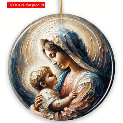 1pc 2d Flat Virgin Mary and Baby Jesus Gentle Embrace Wooden Ornament - 20cm Iconic Oil Painting Gift and Decor