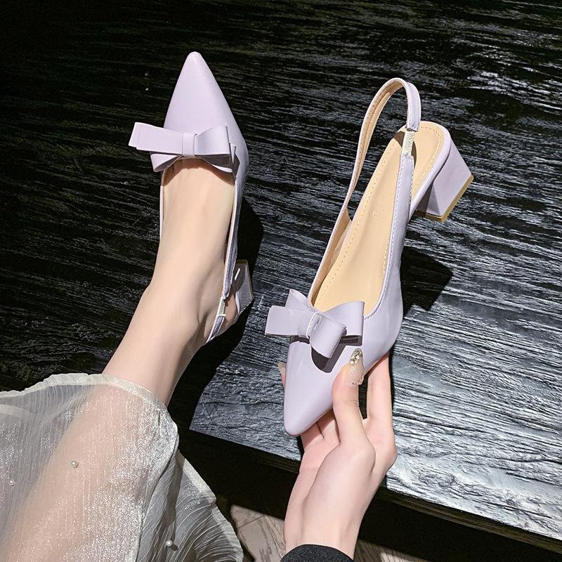 Fashion high-heeled women's shoes pointed head bow decoration light mouth rear strap thick heel temperament sandals women's shoes fashion versatile