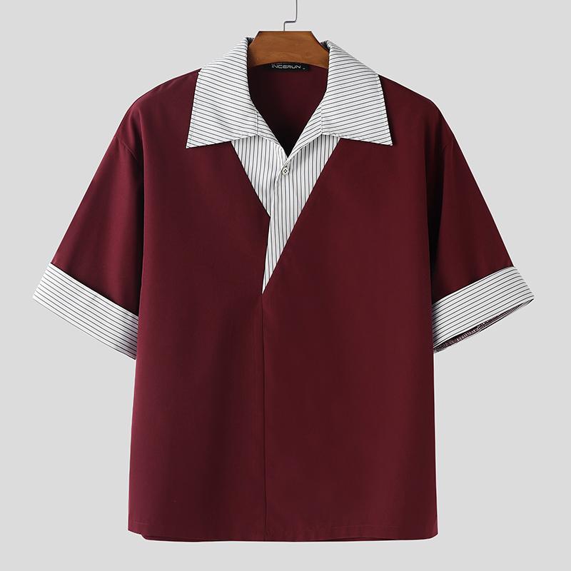 INCERUN Summer Men Lapel Neck Short Sleeve Striped Patchwork Casual Loose T-shirts Tops