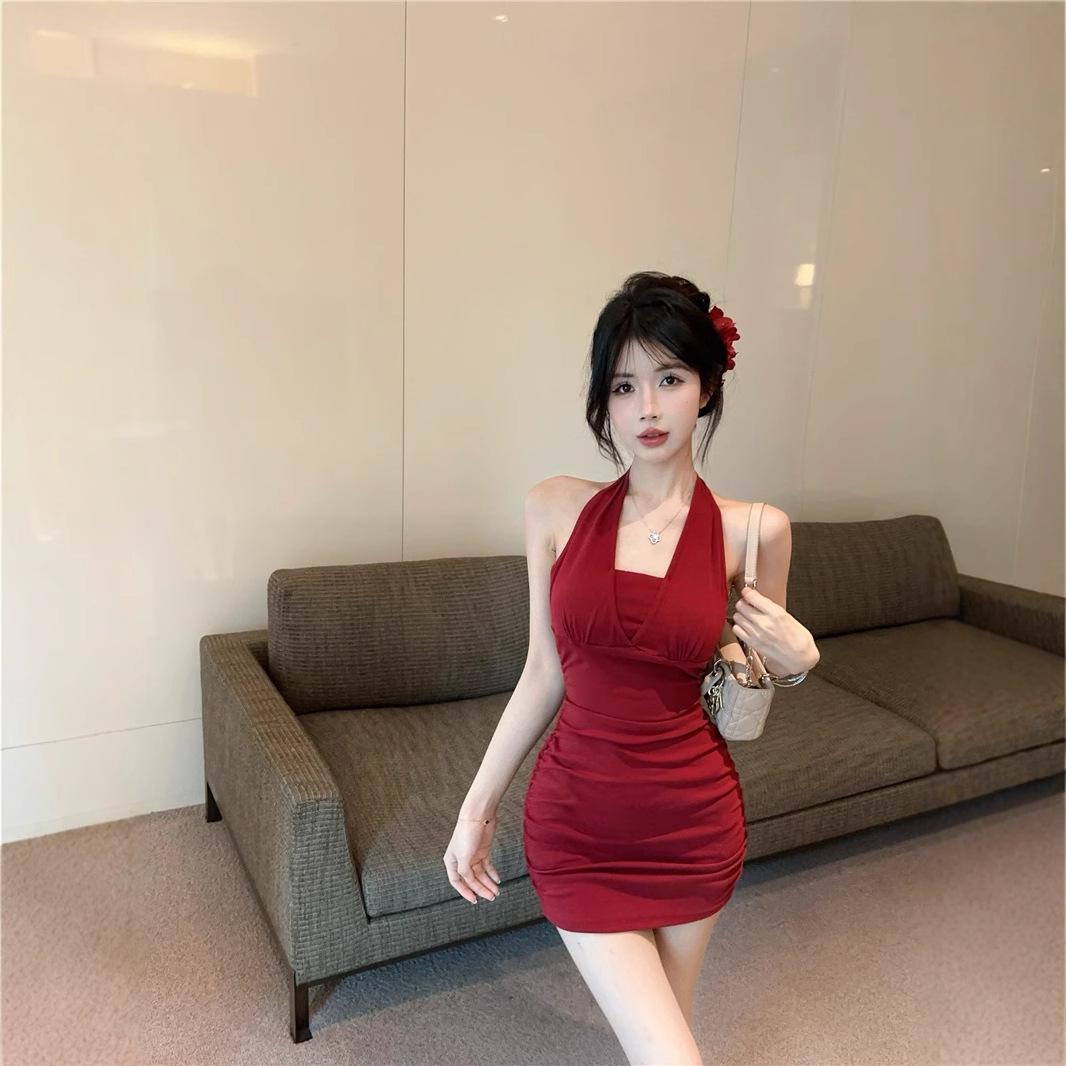 

Платье-комбинация вечернее без спины с цепочкой, халтер, завязками сзади в стиле знаменитостей – женское летнее платье, облегающее талию XL (Premium) красный