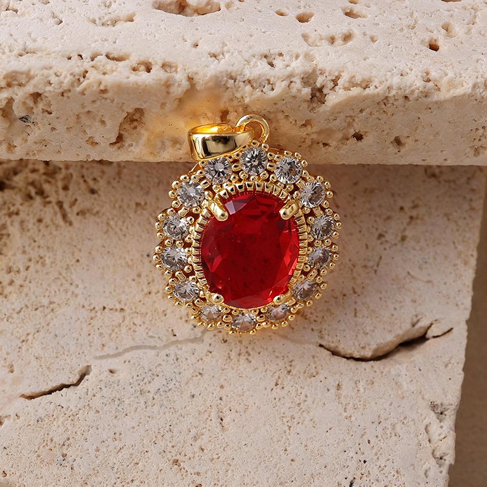 18K Gold Plated Oval Imitation Ruby Pendant with Micro-Set Diamond for DIY Necklace or Bracelet.