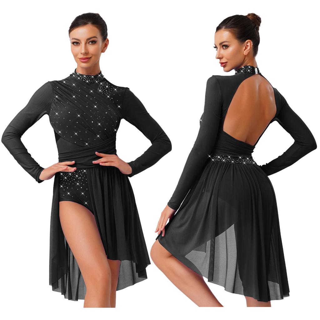 Dámský výkonnostní dres s dlouhým rukávem a holými zády se třpytivými kamínky pro taneční kostým