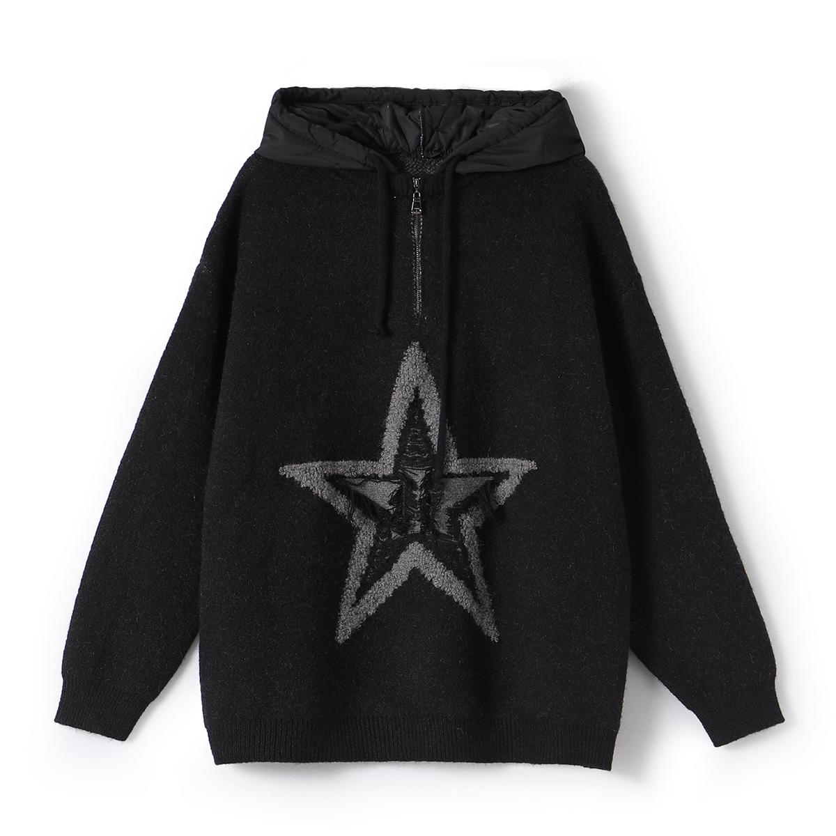 

DIMANAF 2023, зимние свитера с капюшоном, женские лоскутные свитера со звездами, ватный пуловер, вязаный клетчатый свободный свитер One Size чёрный