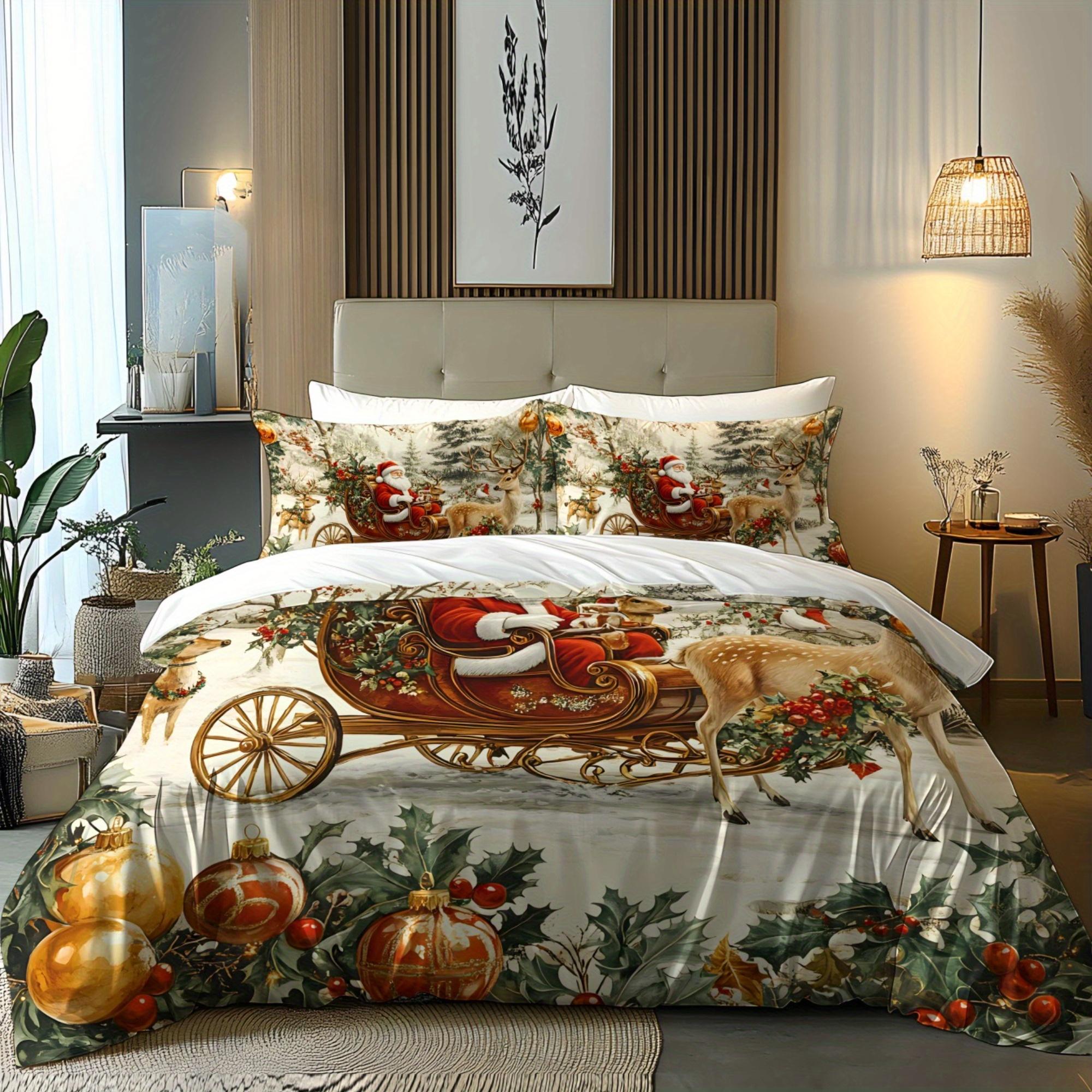 

Christmas Santa Claus Sleigh Reindeer Snowman and Snowflake Gift Pattern Super Soft Fleece Digital Printing Quilt Cover Bedding 90X200cm 2PCS