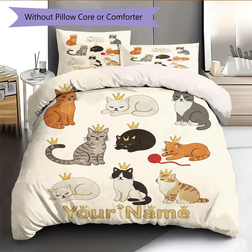 Custom Name,Cute Cartoon Cat Pattern Bedding Home Decoration Birthday Gift ( 1 duvet cover + 2 pillowcase, without core),fan merchandise.