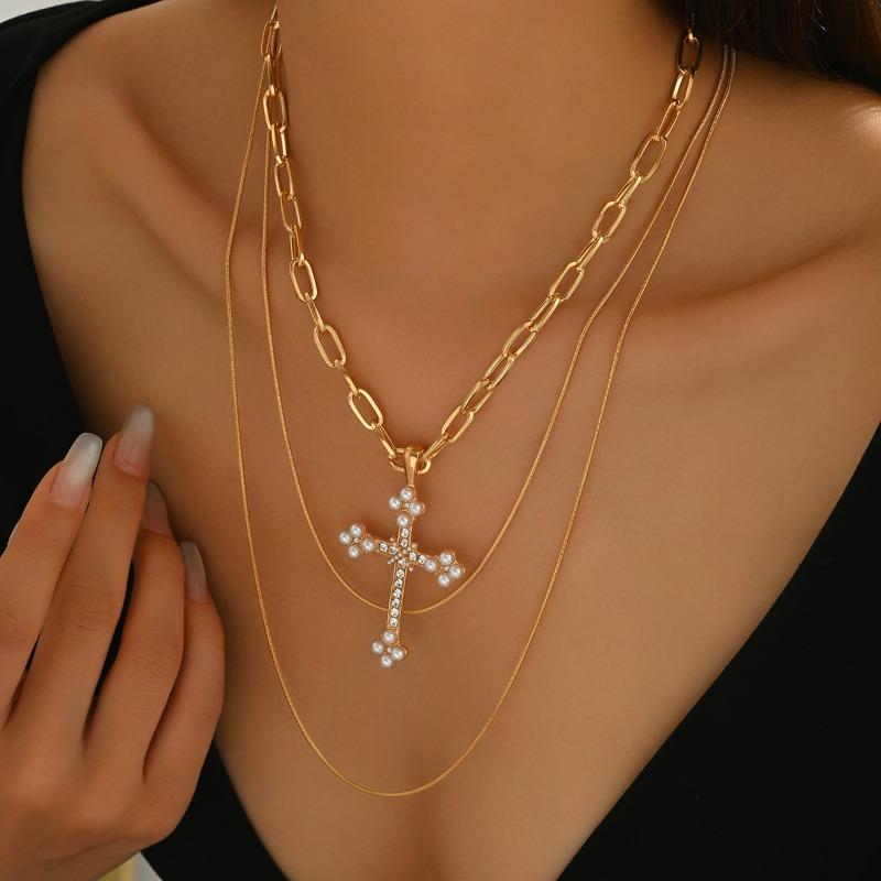 

Эффектное панк ожерелье с крестом, инкрустированным бриллиантами, из сплава, многослойный дизайн, аксессуар