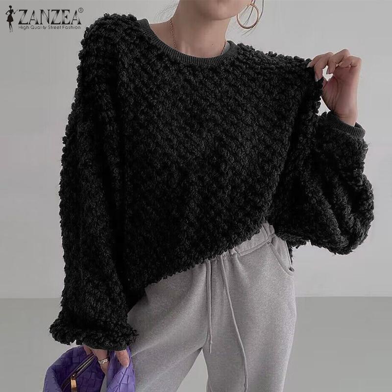 

ZANZEA Women Round Neck Off Shoulder Long Sleeve Solid Color Loose Blouse