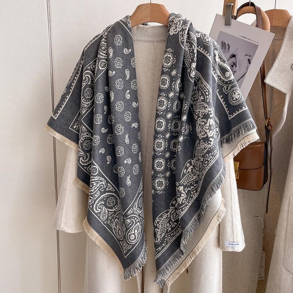Retro Imitation Cashmere Winter Scarf Warmth Square Printed Shawl and Wrap Soft Double-sided Tassel Poncho