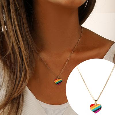 Women Necklace Smooth Heart Striped Rainbow Pendant Adjustable Length Stainless Alloy Choker Necklace Neck Decoration Jewelry Birthday Gift