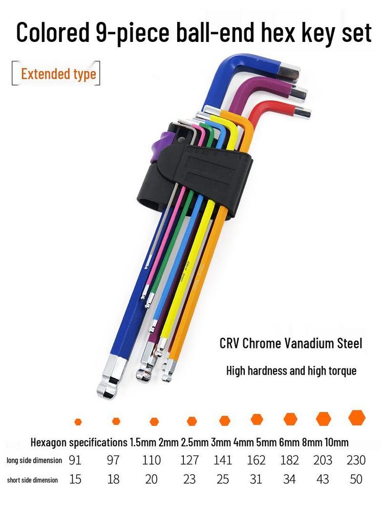 Industrial Color Hex Wrench Set: Chrome Vanadium Ball Head, Torx, Phillips, Star, Medium-Long, Foldable, Multi-Purpose.