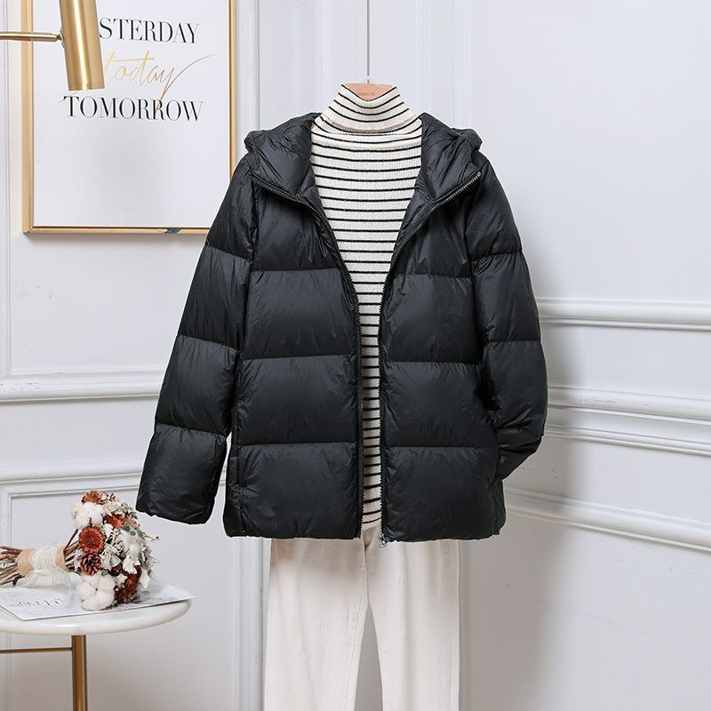 Thin and Light Down Jacket Women's Shopping Mall Hooded Slim% White Duck Down Plus Size Light Cocoon Bread Jacket Thick