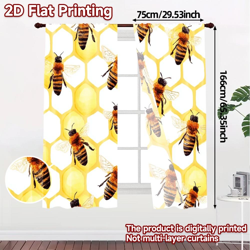 2pcs, 2D FLAT PRINTING Curtains (Without Rod) BeeHivePattern Popular Minimalist Curtains Polyester Easy Install Curtains