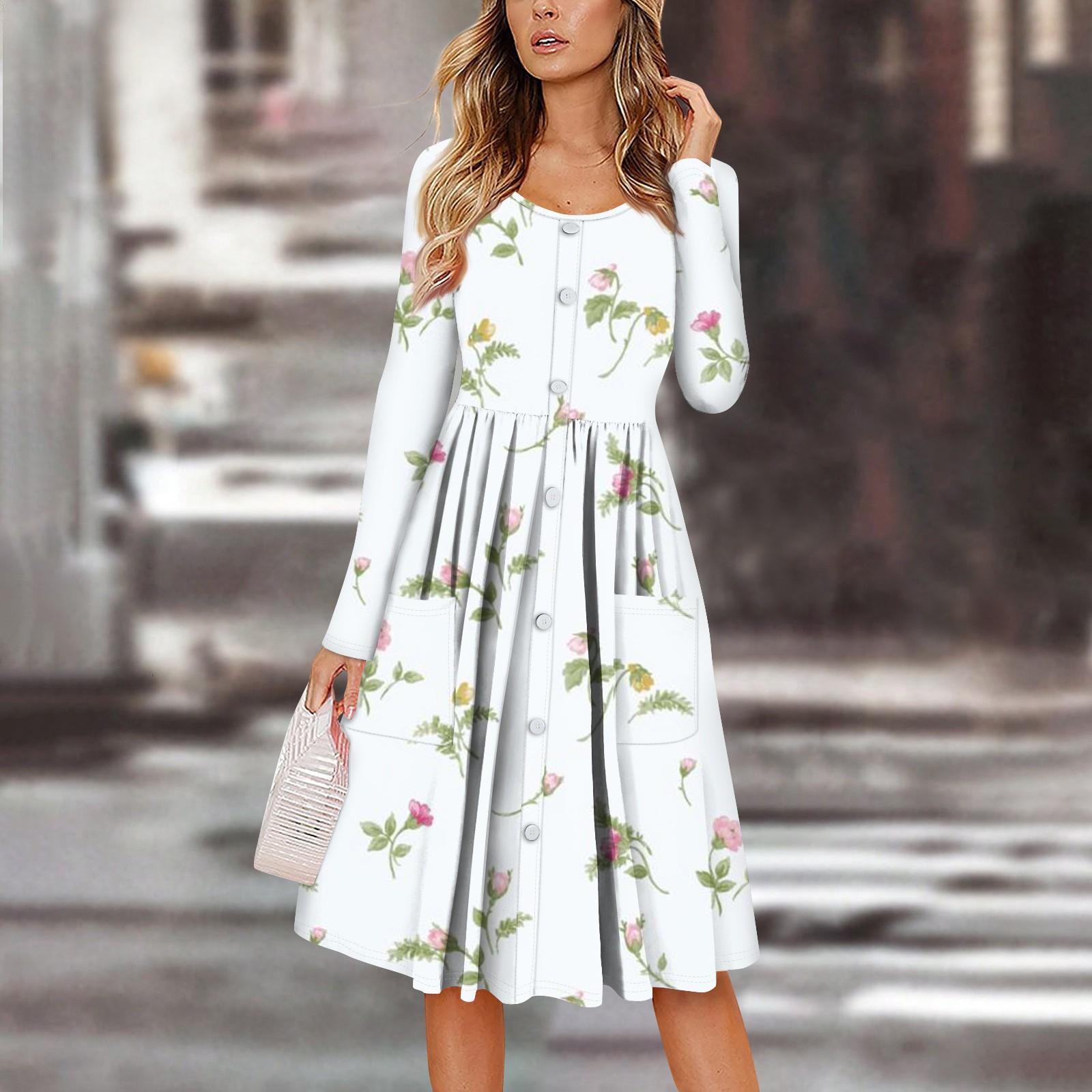 

Женский повседневный модный сексуальный удобный сарафан с пуговицами, длинными рукавами и карманами, платье с цветочным принтом XL белый