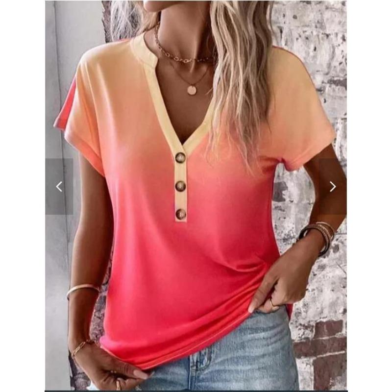 

Summer Women s Clothing Gradient Print Twist Button Fashion Loose Casual V-neck Short Sleeved T-Shirts Women’s XXL красный