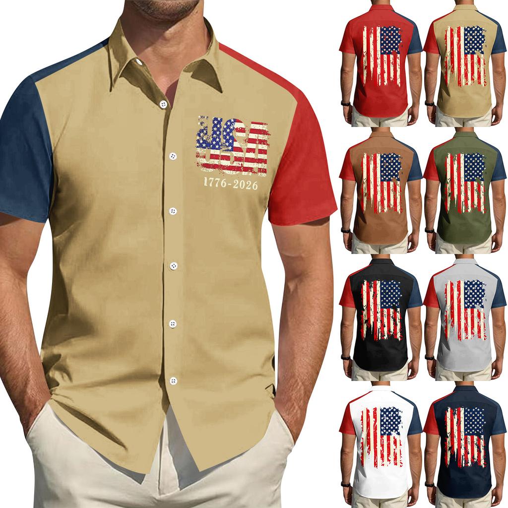 Herren Independence Day Bedrucktes Hemd mit Kragen Herren Freizeit Sport Kurzarmhemd