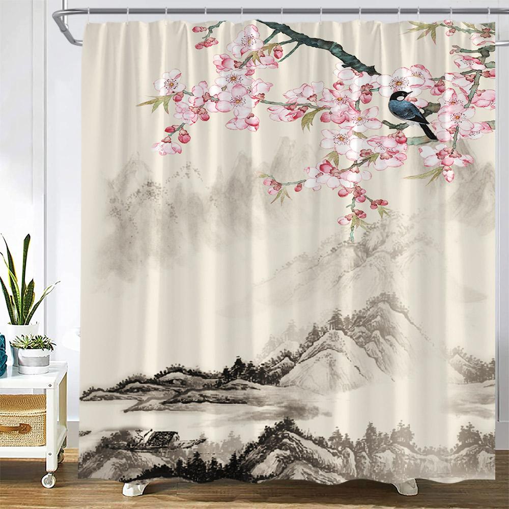 

Chinese Style Shower Curtain Vintage Wood Board Garden Building Green Plant Bamboo Pattern Bathroom Decor Polyester Curtain Set W60H190(CM)-1 Pcs